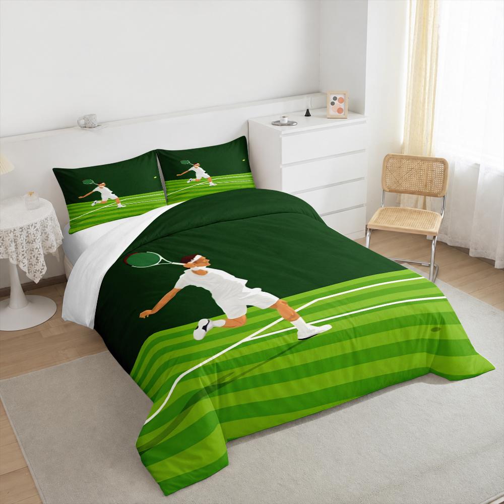 3 Piece Bedding Set Roger Federer Tennis Serve Minimalist Flat Illustration Green Court Duvet Cover for Men Sports