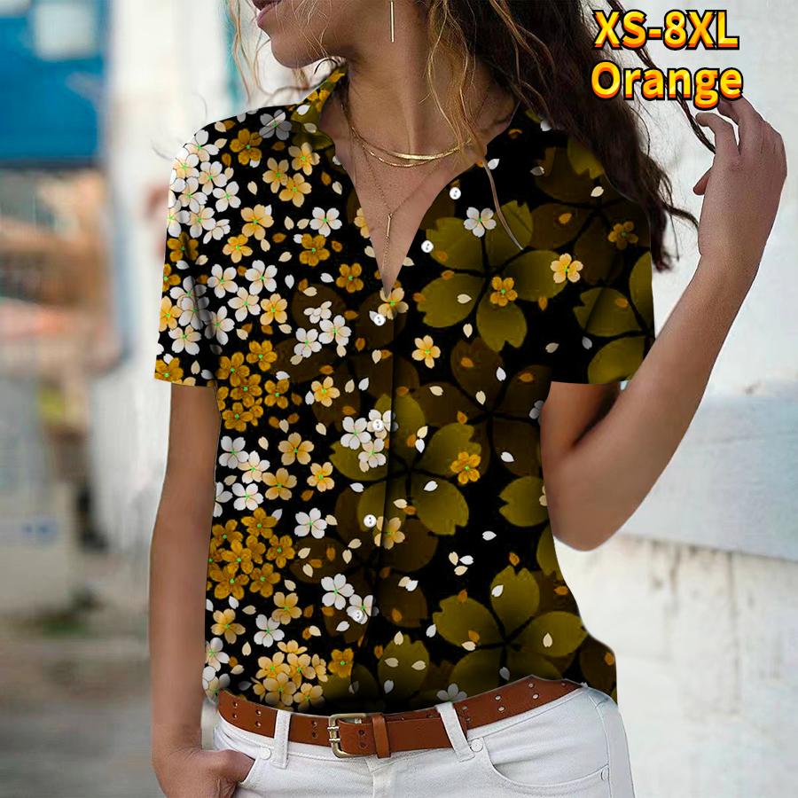 

Лето 2025 Новая Мода Женская Блузка с Коротким Рукавом и V-образным Вырезом на Пуговицах с Цветочным Принтом 8XL оранжевый