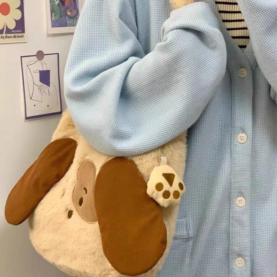 Cute Puppy Embroidered Handbag Autumn And Winter Plush Large Capacity Schoolgirl Shoulder Bag Underarm Bag Commuter Bag