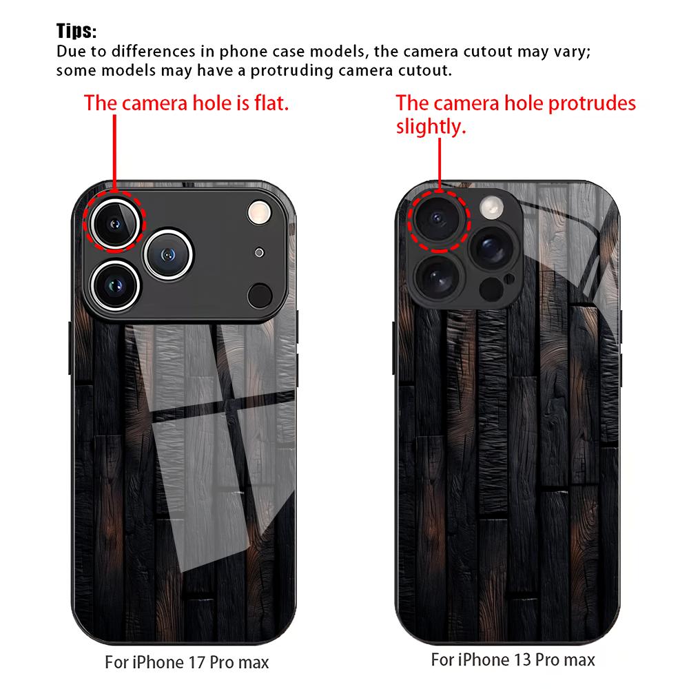Black Charcoal Wood Grain Pattern Tempered Glass Phone Case Suitable for iPhone 17 16 15 14 13 12 11 Pro/Max/Plus Anti Drop