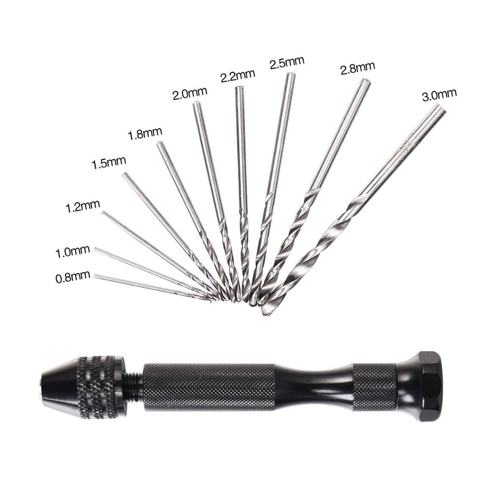

Mini Tool Set with 0.8-3mm Black Hand Twist Drill 10Pc Fried Dough Twists Drill for Woodworking Drilling Rotary Wood Holes Tools