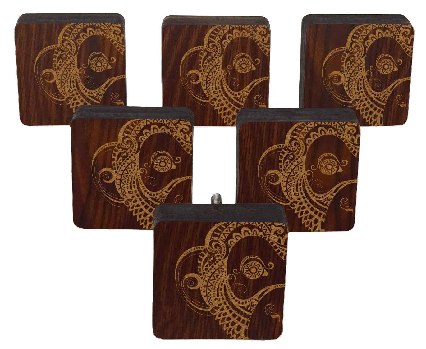 

IBA Indianbeautifulart Brown Engraved Knobs 10 Pc Furniture Wooden Scallop Knobs Rustic Drawer 2 x 2 Inches-Square коричневий