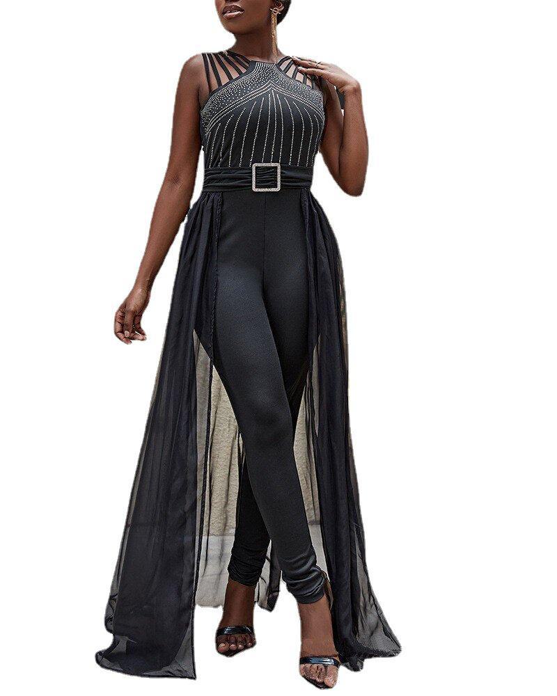 Black Sleeveless Rhinestone Mesh Jumpsuit with Waist Design