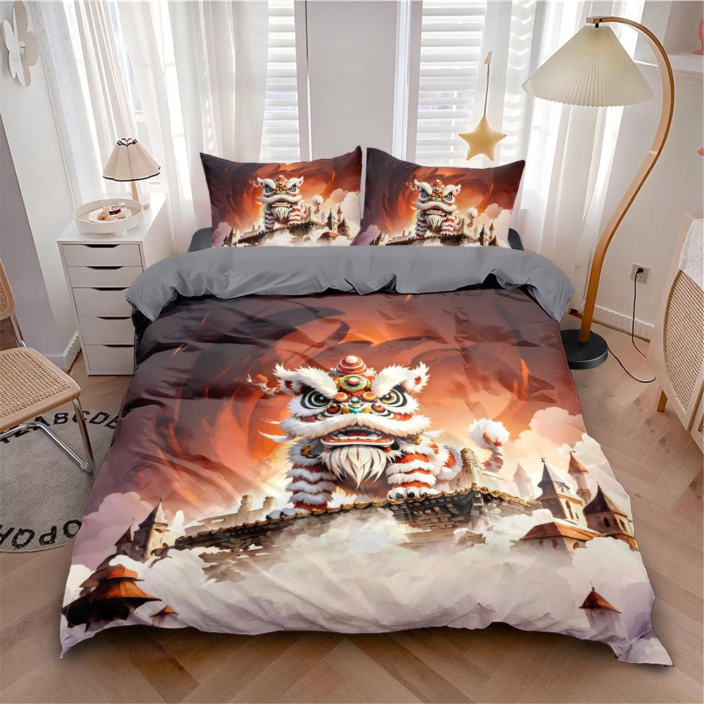 Cool Lion Dance Four-Piece Chinese Style Duvet Set for Boys' Bedroom or Dorm