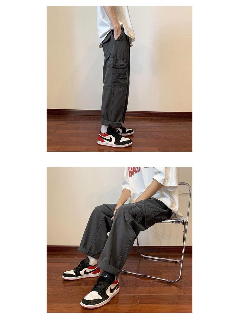 Men's Military Green Summer Cargo Pants - Thin Straight-Leg, Japanese Cityboy Style, Retro American Street Skateboard Design