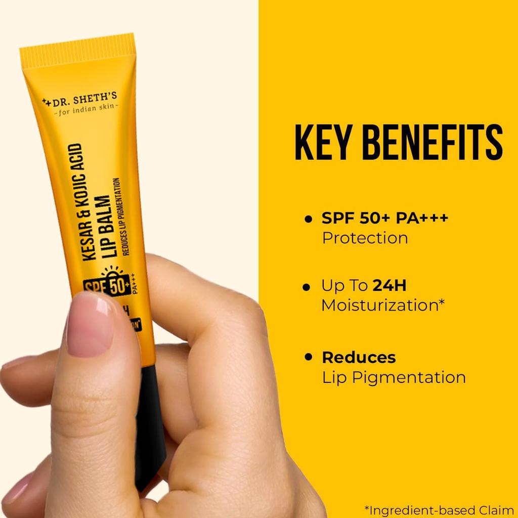 Dr. Sheth's Kesar & Kojic Acid Lip Balm 10g Pack of 1 with SPF 50+ for Hydrated, Smooth Lips