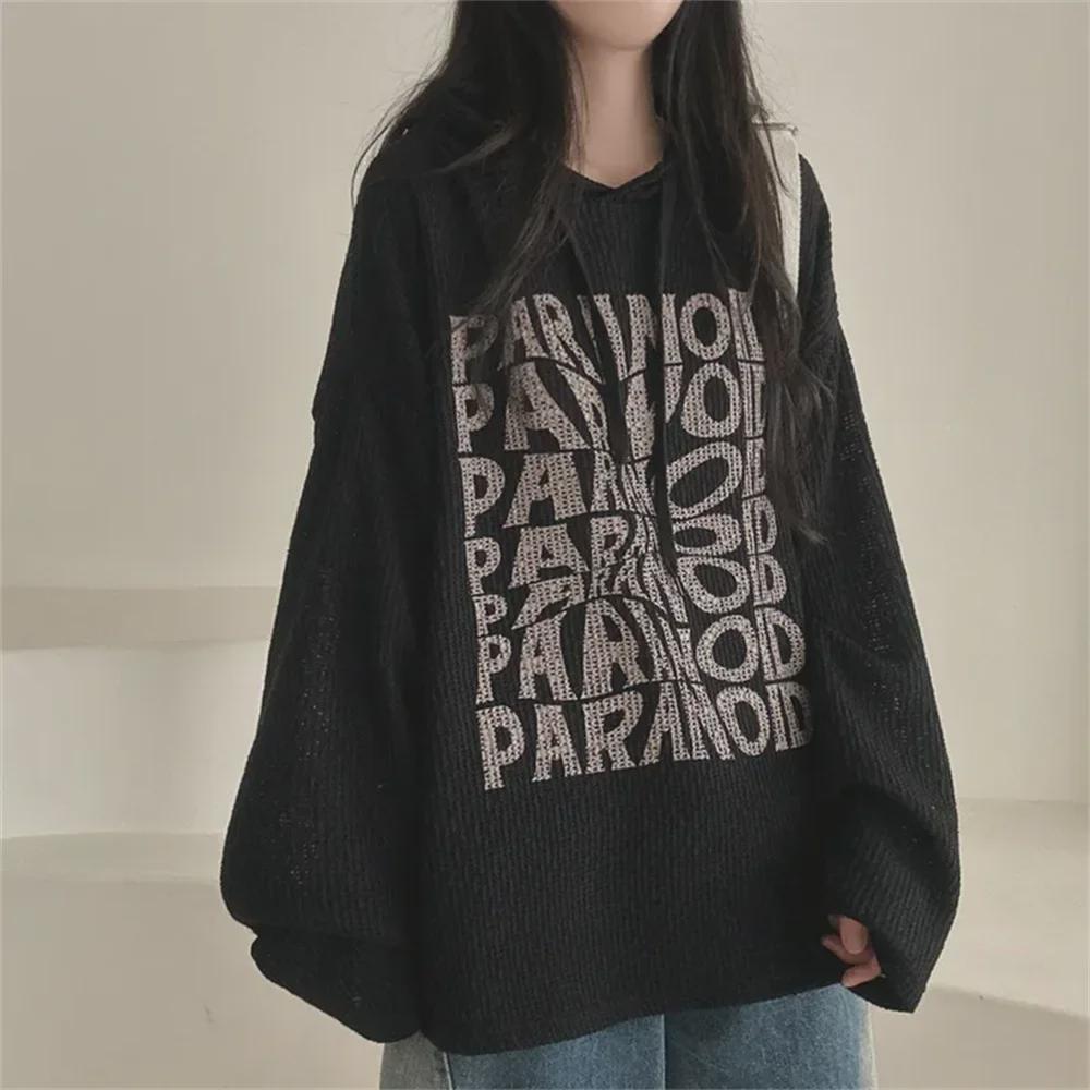 Women's Korean-Style Casual Waffle Hoodie, Loose Fit with Velvet, Perfect for Autumn and Winter