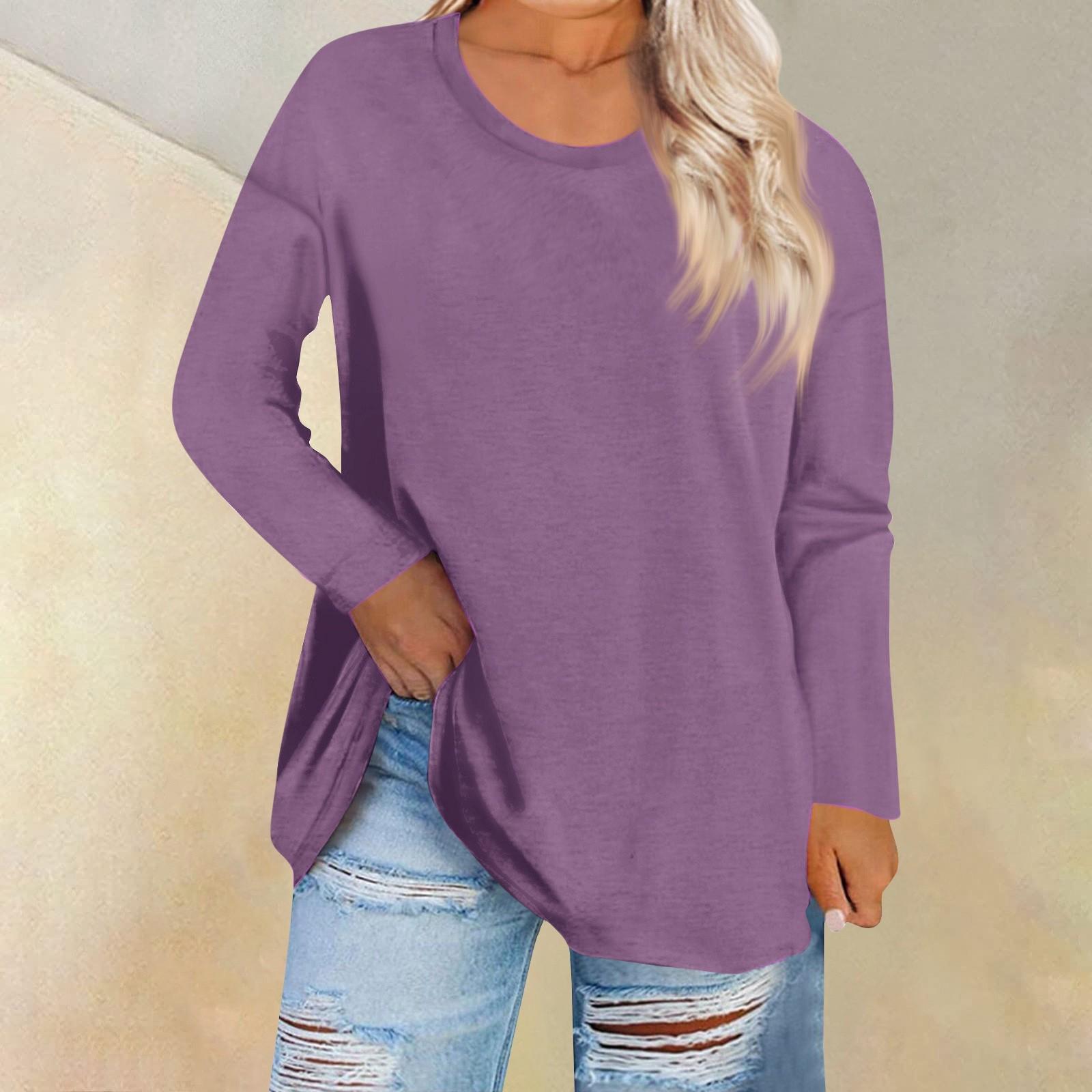 

Женская свободная и удобная однотонная футболка с длинным рукавом с большим верхом и круглым вырезом, повседневная XXL фиолетовый