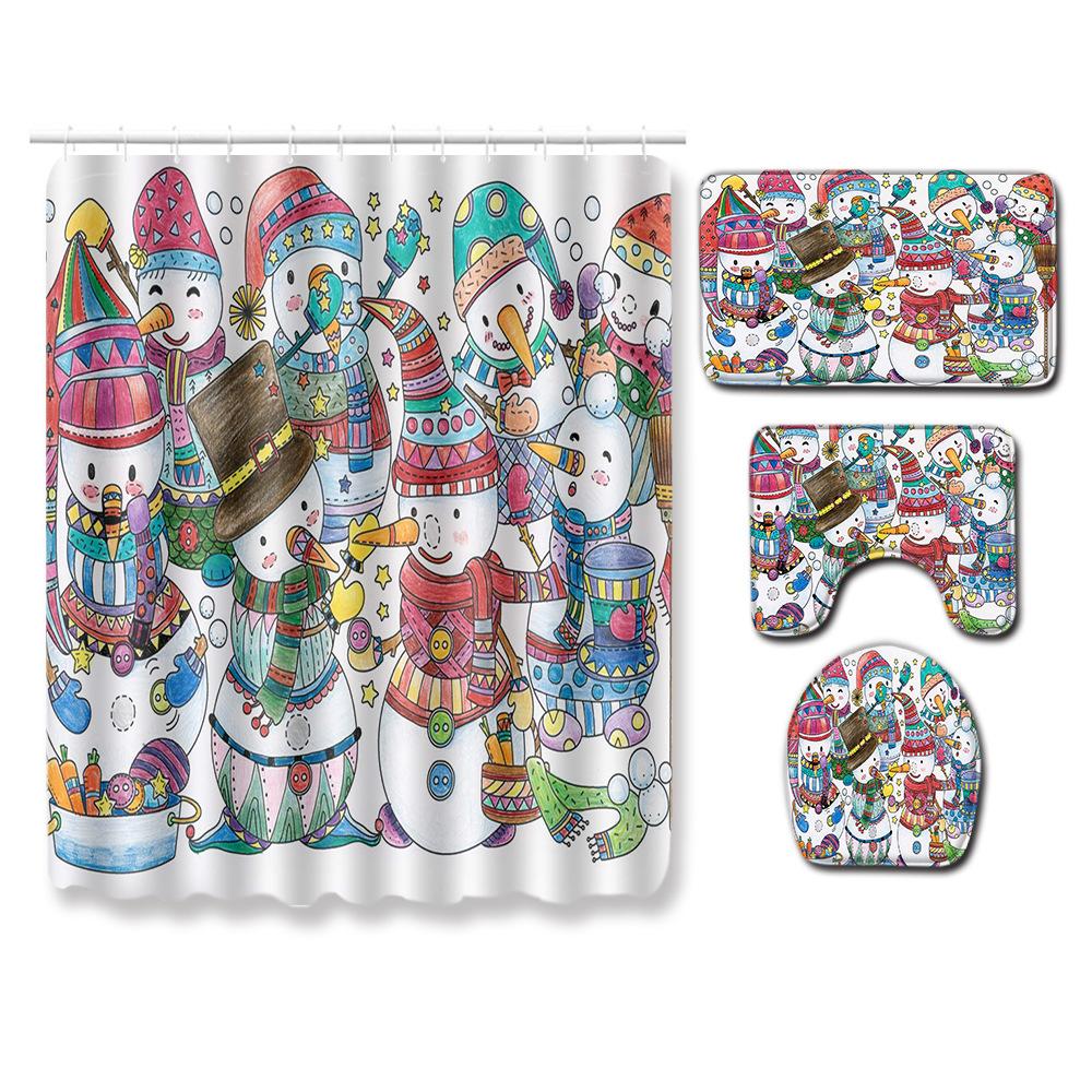 Christmas Shower Curtain Four-Piece Toilet Floor Mat Non-Slip Doormat Water Absorption And Dust-Proof Carpet