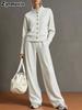 New Women's Solid Crew Neck Cardigan Sweatshirt Wide Leg Pants Set