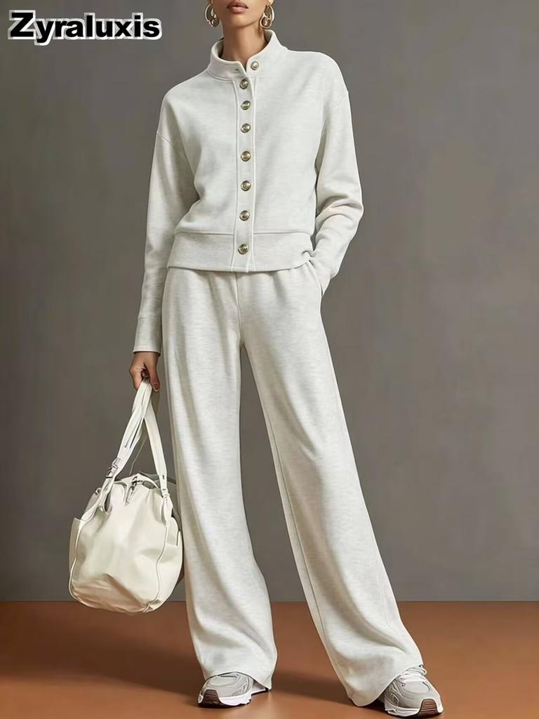 New Women's Solid Crew Neck Cardigan Sweatshirt Wide Leg Pants Set