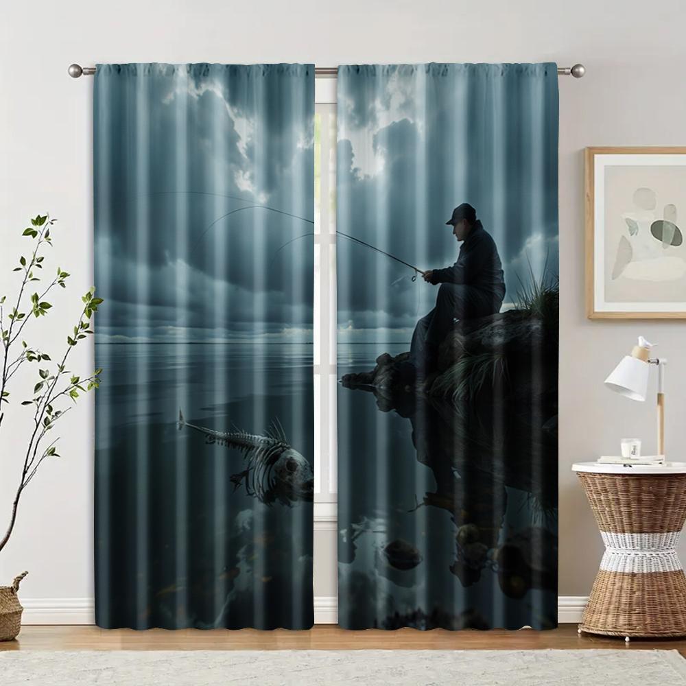 

2 pcs, filtering curtains (excluding rods, non-movable, without batteries) Fishing Enthusiast Skeleton Fish for use in bedrooms 29x65in(75x166cm)