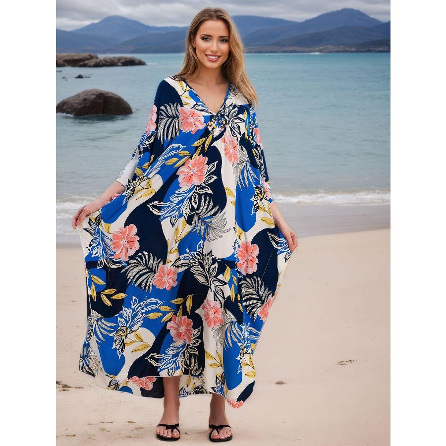 Women's Flowy Beach Maxi Dress Long Kaftan with Chest Weave Cutout, Boho Swim Cover Up 1012