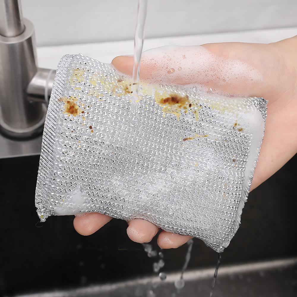 12/4Pcs Double Sided Dishwashing Sponge Silver Wire Cleaning Rags Wipe Pan Pot Dish Wash Thickened Scouring Cloth Kitchen Tools