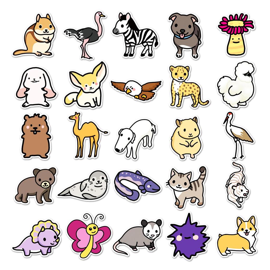 50 Cartoon Animal Stickers Set: Cute, Hand-Painted, Waterproof Decorative for Stationery & Planners
