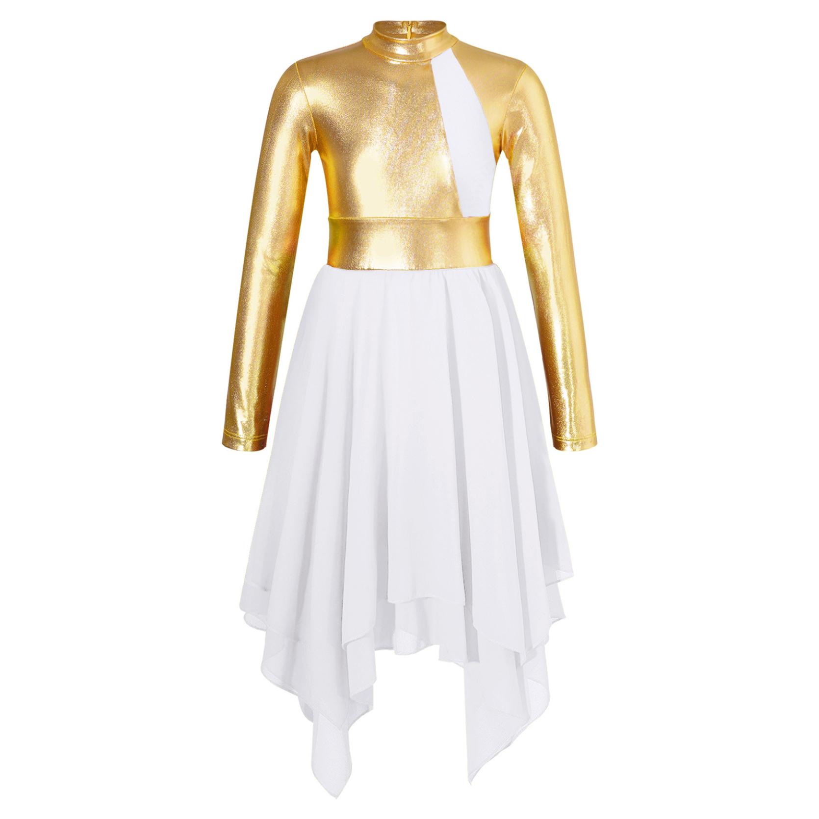 IEFiEL Kinderen Meisjes Lange Mouw Bronzing Doek Asymmetrische Lyrische Dans Jurk Ballerina Ballet Danskleding Prestaties Kostuums 7-8 Years