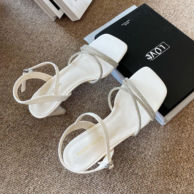 X282-2 Sexy One-word Buckle with Hollow Women's Sandals 2025 New Summer Rhinestone Fairy Temperament Thick Heels