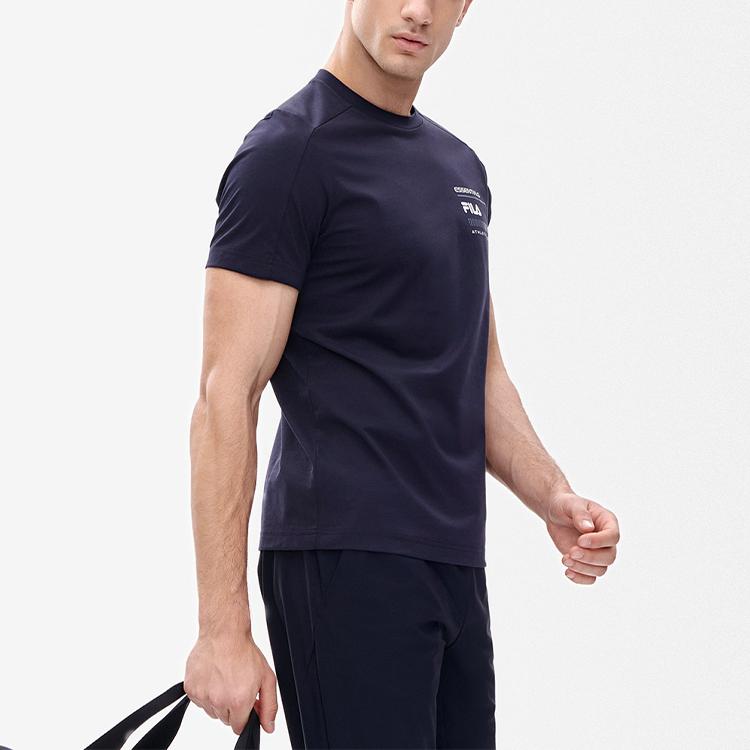 FILA Athletics Solid Color Letter Logo Round Neck Sports Simple Comfortable Casual Knit Short Sleeve T-Shirt Men T-Shirt Dark-Blue A11M231120F-NV