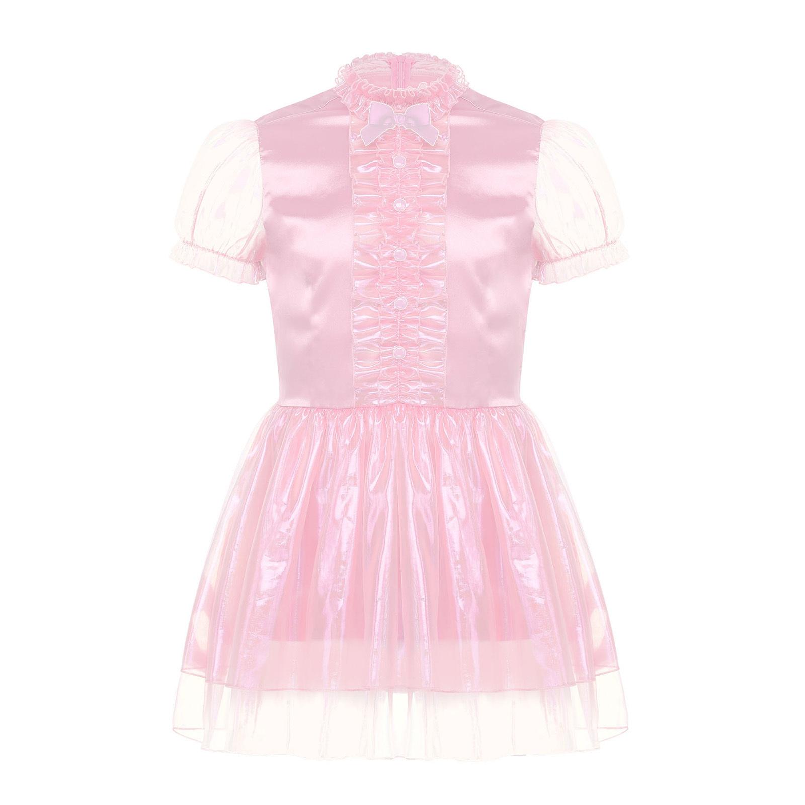 

Чоловіча сукня покоївки-сіссі з рюшами по подолу, рукавами-буфами, деталями у вигляді бантів, блискуча пишна сукня, костюм для кросдресингу, що замикається L рожевий