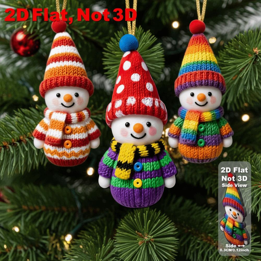16Pcs 2D Flat Snowman Wooden Ornaments Knitted-Style DIY Xmas Tree Hanging Ornament Colorful with Ribbons Christmas Decoration