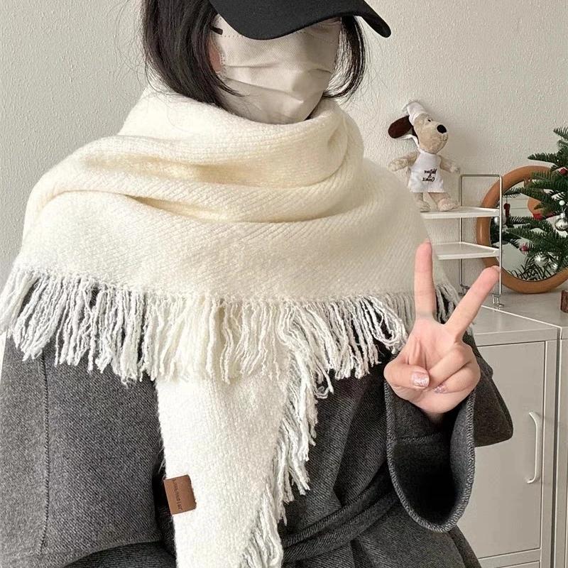 Korean High Quality Wool Blend Tassel Triangle Scarf For Women Coat Outwear