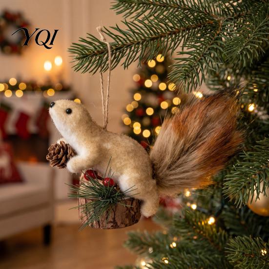 Cute Fluffy Squirrel Figurine Christmas Ornaments for Tree, Felt Plush Woodland with Pine Soft Fabric Animal Pendant Cone, Hanging Forest Decoration