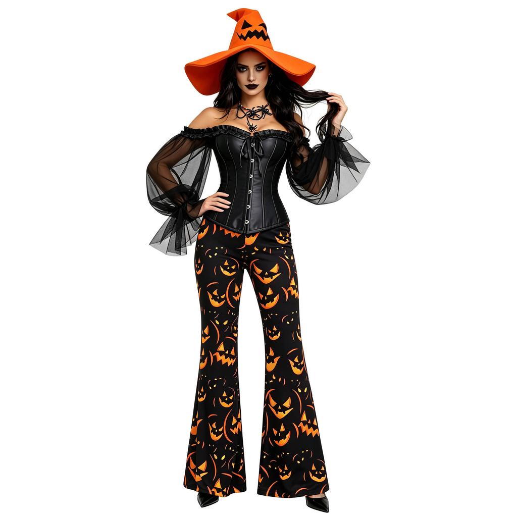 Halloween Pumpkin Witch Dark Witch Costume Set Off-Shoulder Mesh Sleeves Shapewear Pumpkin Trumpet Pants