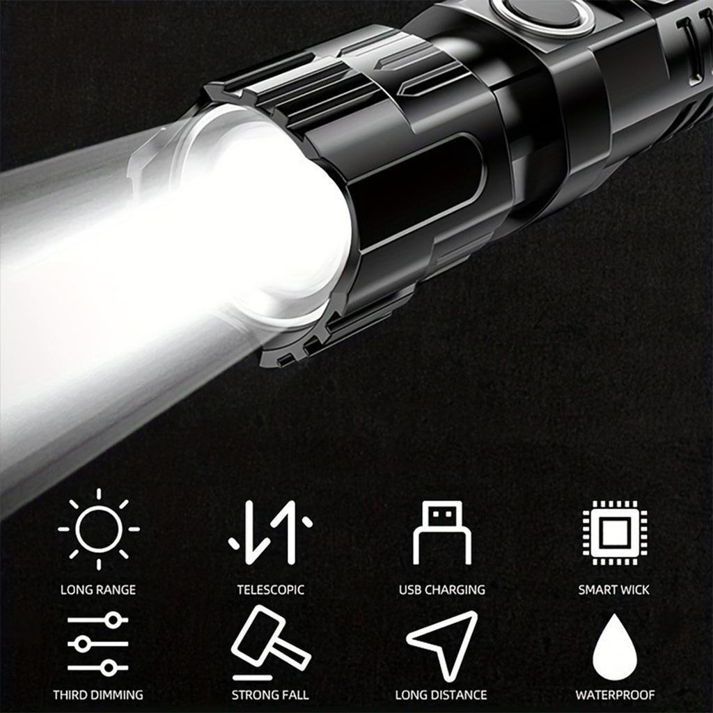 Portable LED Strong Light Flashlight Built-in Battery USB Rechargeable Telescopic Zoom Torch Outdoor Camping Hiking Cycling Lamp