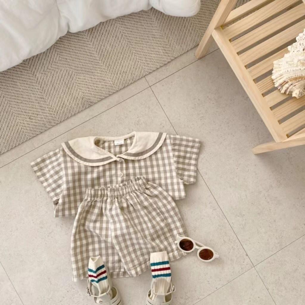 Adorable tenue d'été à carreaux en coton style coréen à manches courtes pour bébés garçons et filles