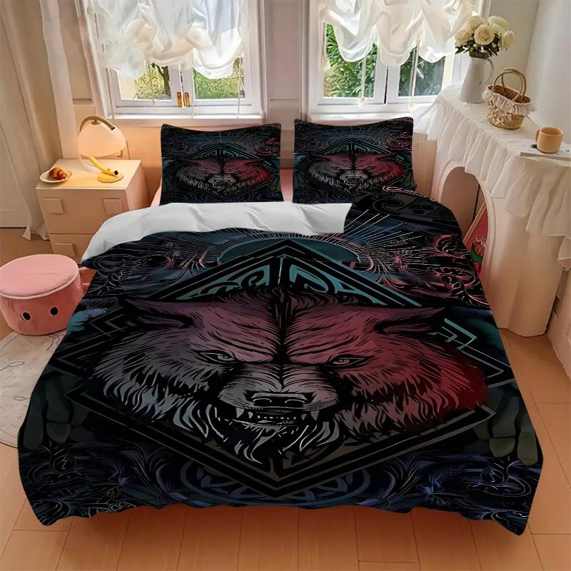 3pcs Anime Wolf Head Bedding Set - Includes One Quilt Cover and Two Pillowcases (No Core) - Perfect for Bedroom Decor, Festive Gifts, Polyester Fabric