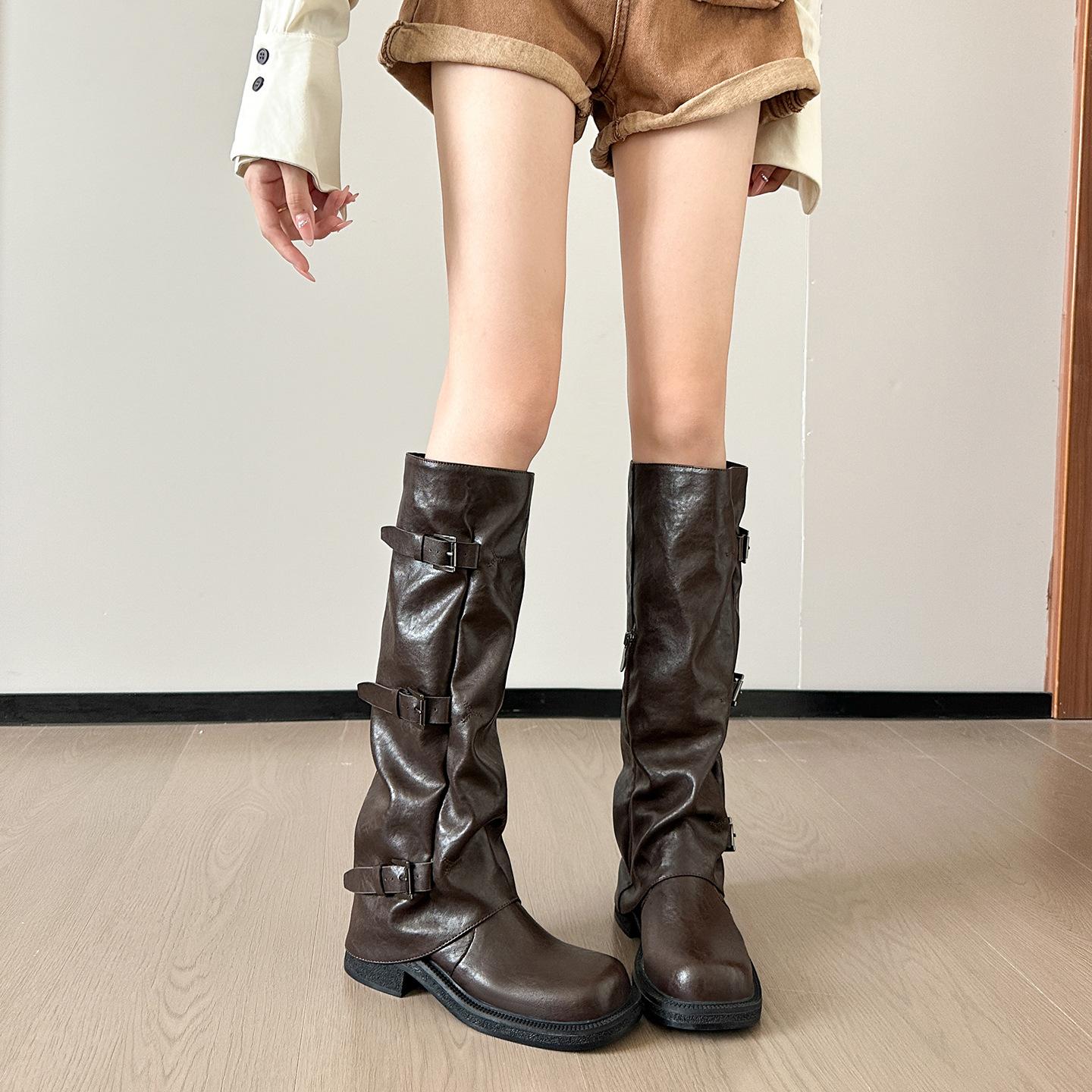 

Leather~ Fashion thick-soled thick-heeled pleated boots 2025 new sweet and cool babes stacked pants tube boots knight boots 40 темно-коричневого