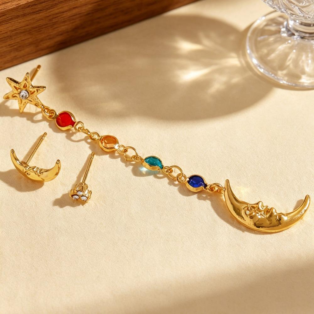 Fantasy Moon Star Colorful CZ Dangle Earrings Set Gold Tone Long Tassel Drop Stud Earrings Set for Women Face Slimming Jewelry