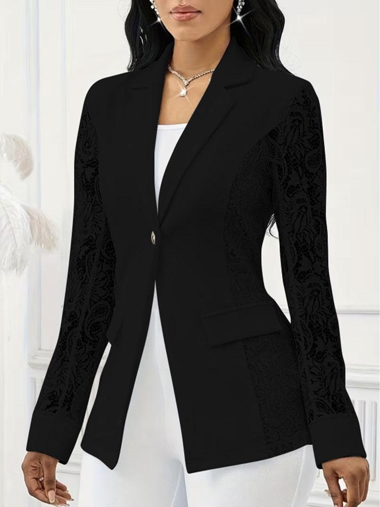 Damen Ein-Knopf Spitze Langarm Patchwork Unifarben Anzugjacke