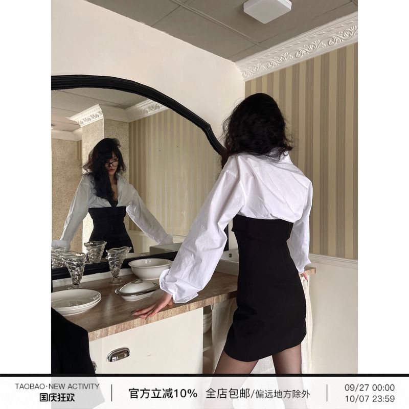 

0122stepll Fatal Woman Temperament Retro Small Straight Waist Shirts & Sanding Tube Top Waist Hugging Suit Skirt Set
