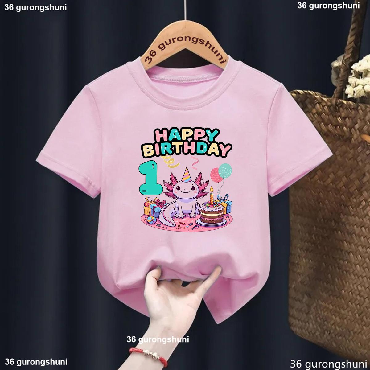 Kawaii Axolotl Birthday Gift Kids Clothes Happy Birthday 1st2nd3rd4th5th6th7th8th9th Pink Tshirt GirlsBoys Toddler Tees 100
