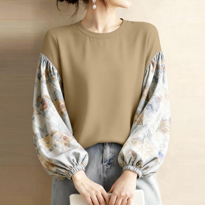ZANZEA Women Casual Round Neck Print Splice Long Sleeve Loose Blouse