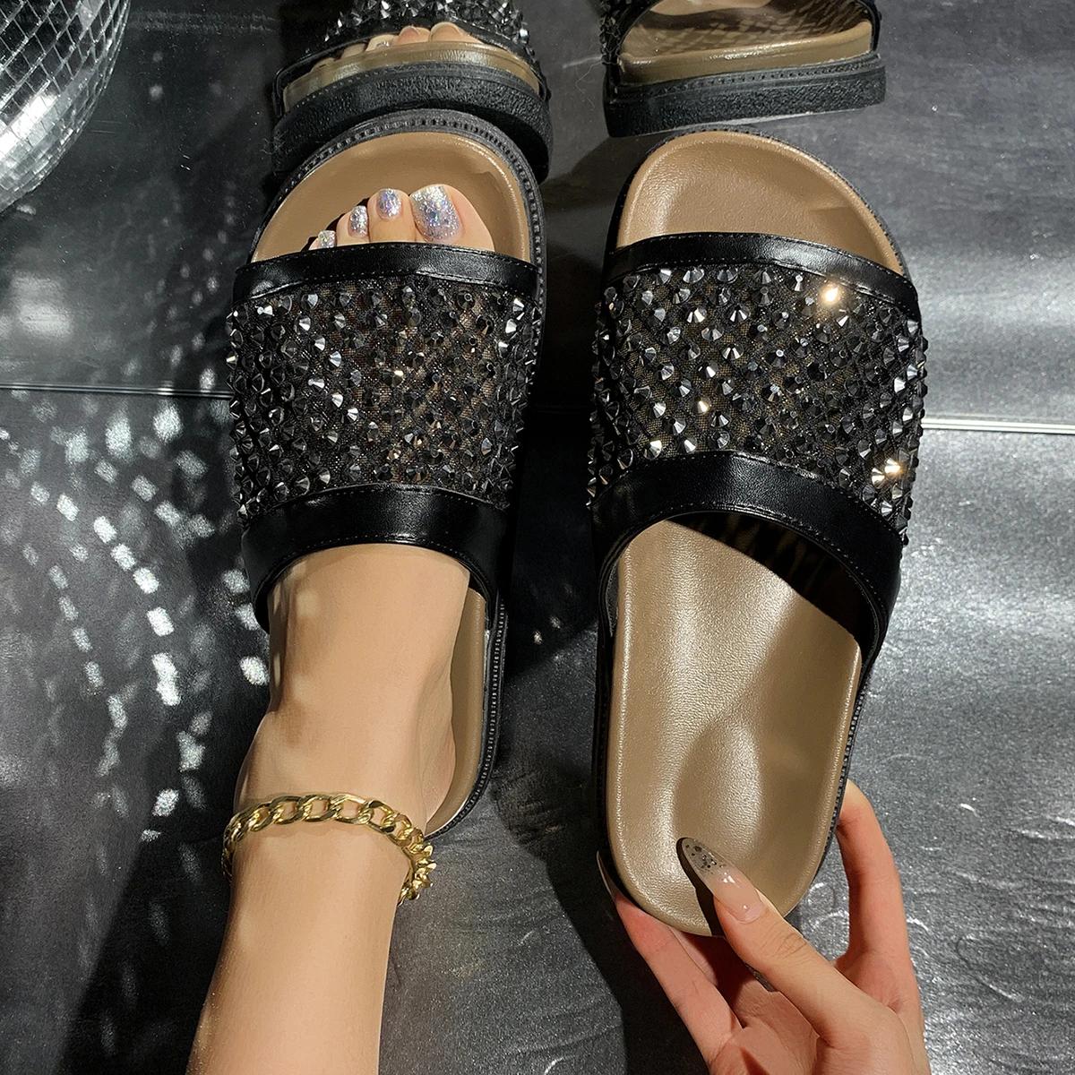 

Women Flat Slippers Breathable Rhinestone Mesh Shoes Thick Sole Slippers Beach Sandals Outdoor Trend Designer Lady Slides Women 35