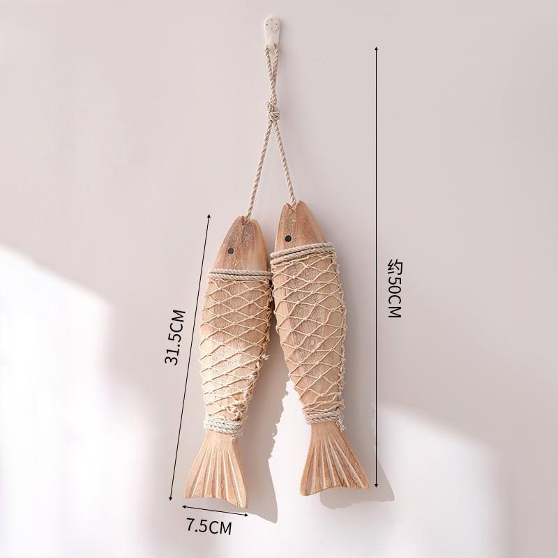 Pair of Rustic Wood Fish Carving Wall Hangings, Antique-Style "Abundant Blessings" Decorative String for Country Home Decor