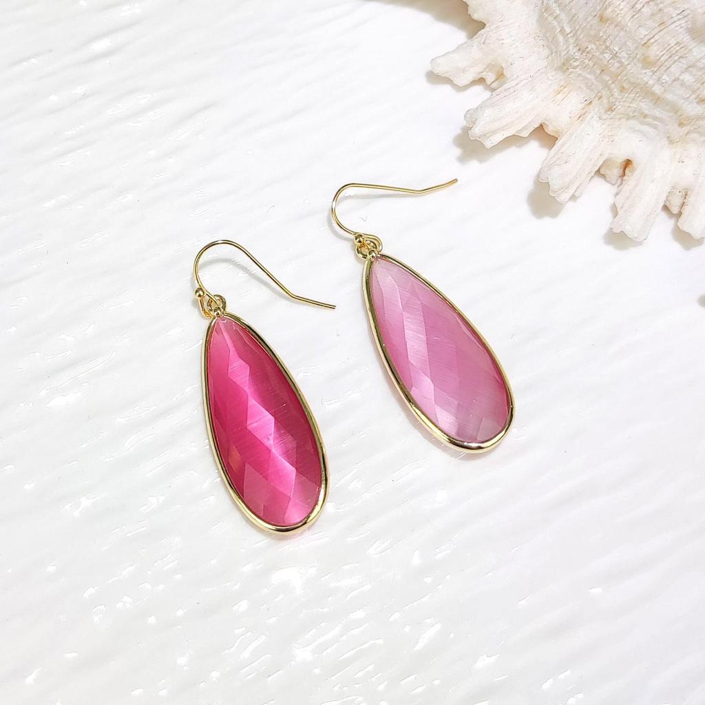 Green Cat's Eye Faceted Teardrop Pendant with Natural Stone and Crystal Earrings