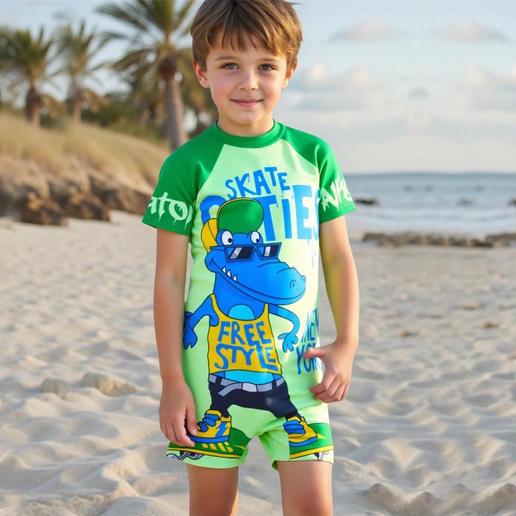 Boys' Crocodile Print Short-Sleeve One-Piece Swimsuit 2025