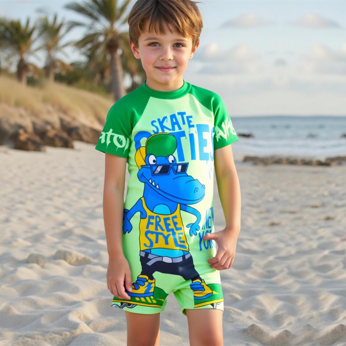

Boys Crocodile Print Short-Sleeve One-Piece Swimsuit 2025 6 Year зелений