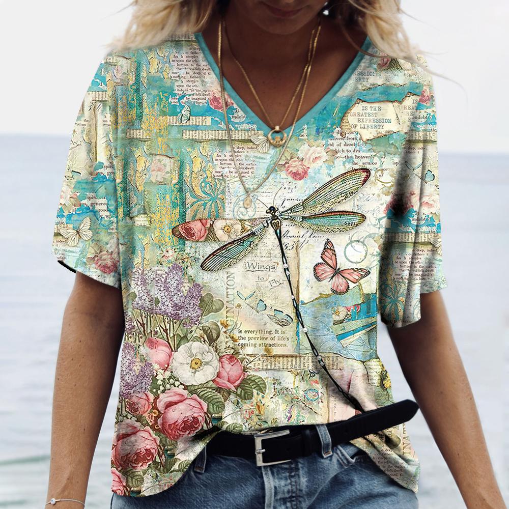 V-neck Women's Short Sleeve Summer Outdoor Casual T-shirt Tops Flower Printed Patterns Fashion