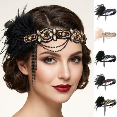 Fascinator Cosplay Dress Headwear Crystal Masquerade Hair Band Gatsby Style Feather Headband  Women