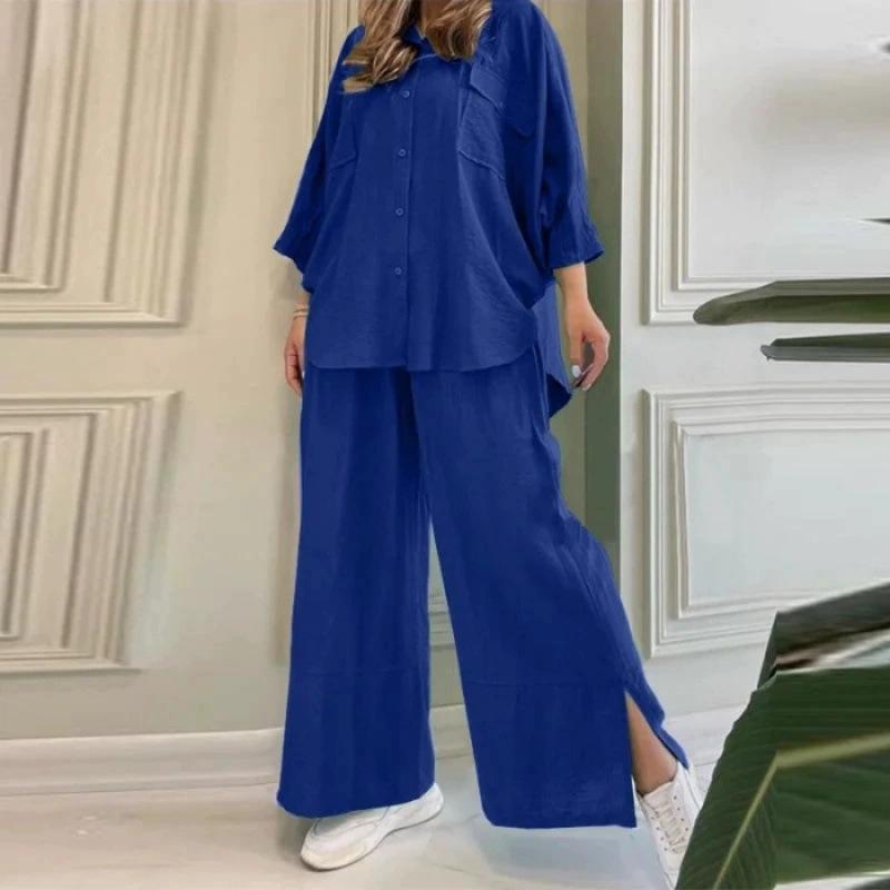 Women's Two-piece Long-sleeved Shirt Solid Color Pants Wide-leg Suit