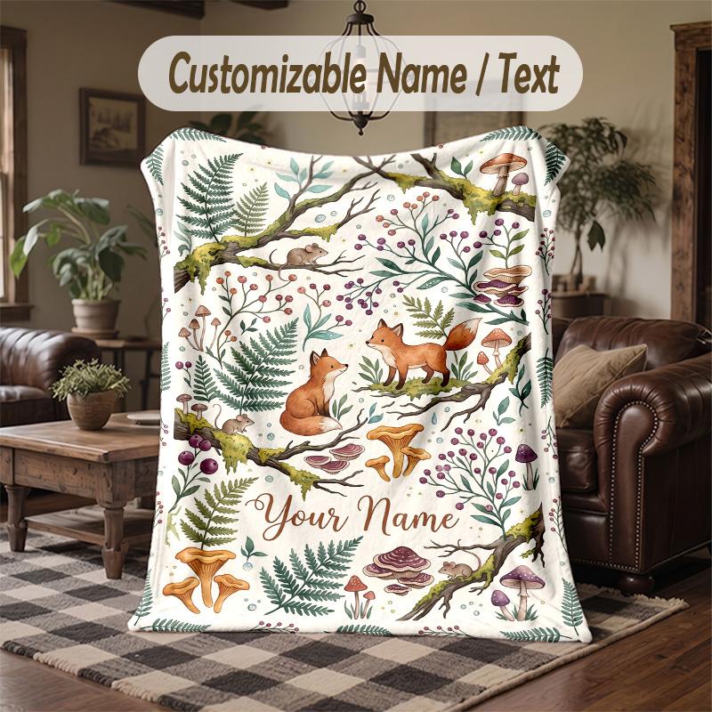 Forest Fox Fantasy Theme Throw Blanket Custom Name Text Personalized Blanket Soft Cozy Blanket for Home Sofa Bed