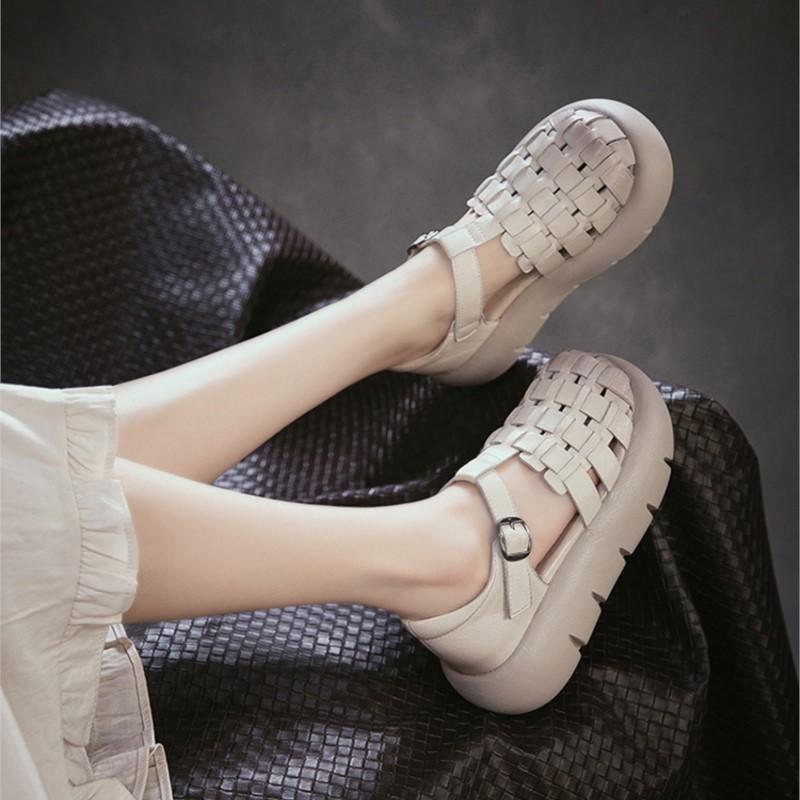 Johnature Genuine Leather Retro Handmade Woven Thick Soled Sandals Versatile Women's Platform Shoes