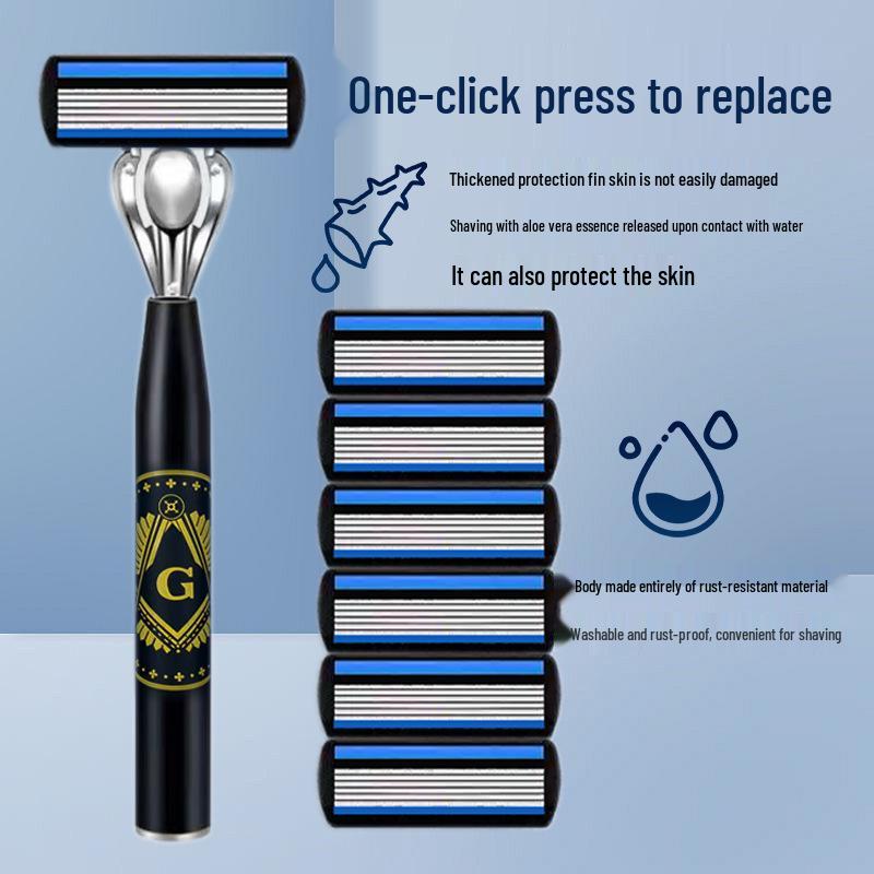 Men's 6-Blade Manual Razor with Universal Stainless Steel, Six-Layer Anti-Scratch Blade Holder