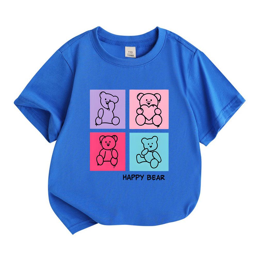 Kids Boys Girls 100% Cotton Short Sleeve Crew Neck T-Shirt, Cute Happy Bear Graphic Print Soft Casual Tee for Children Daily Wear