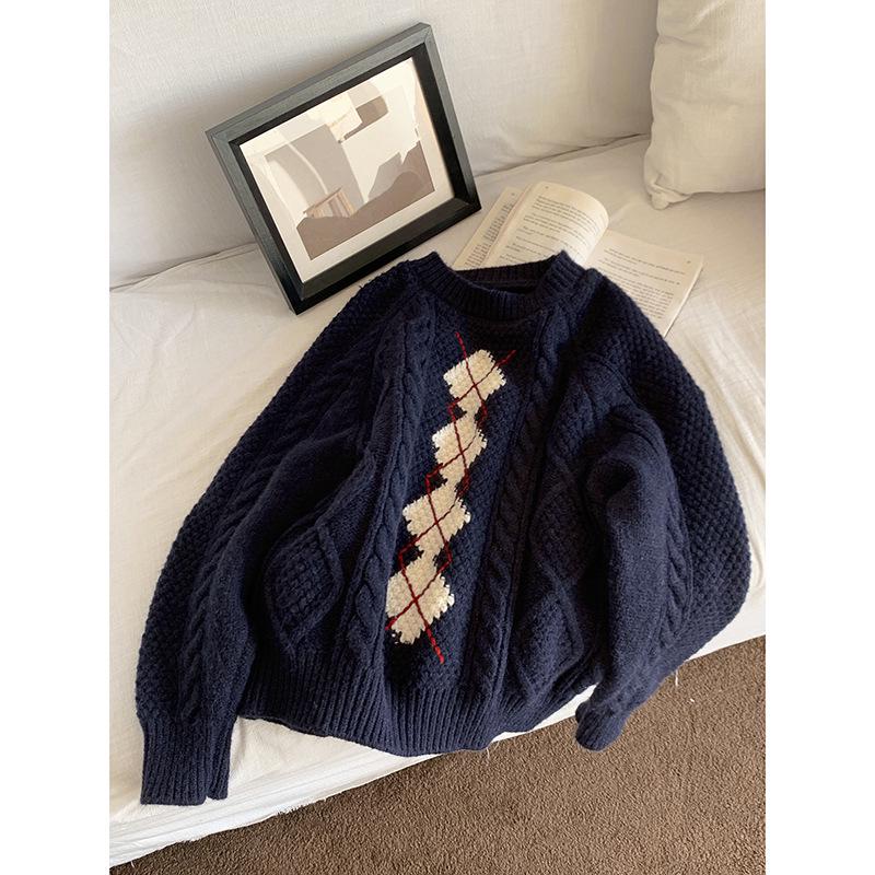 Retro Diary Women's Cable Knit Pullover Sweater - Winter Long Sleeve Round Neck Top