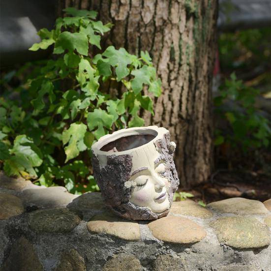 Handmade Girl Face Stump Planter 5" Resin Head Tree Stump Flower Vase with Drainage Hole for Outdoor Garden Patio Desk Decor